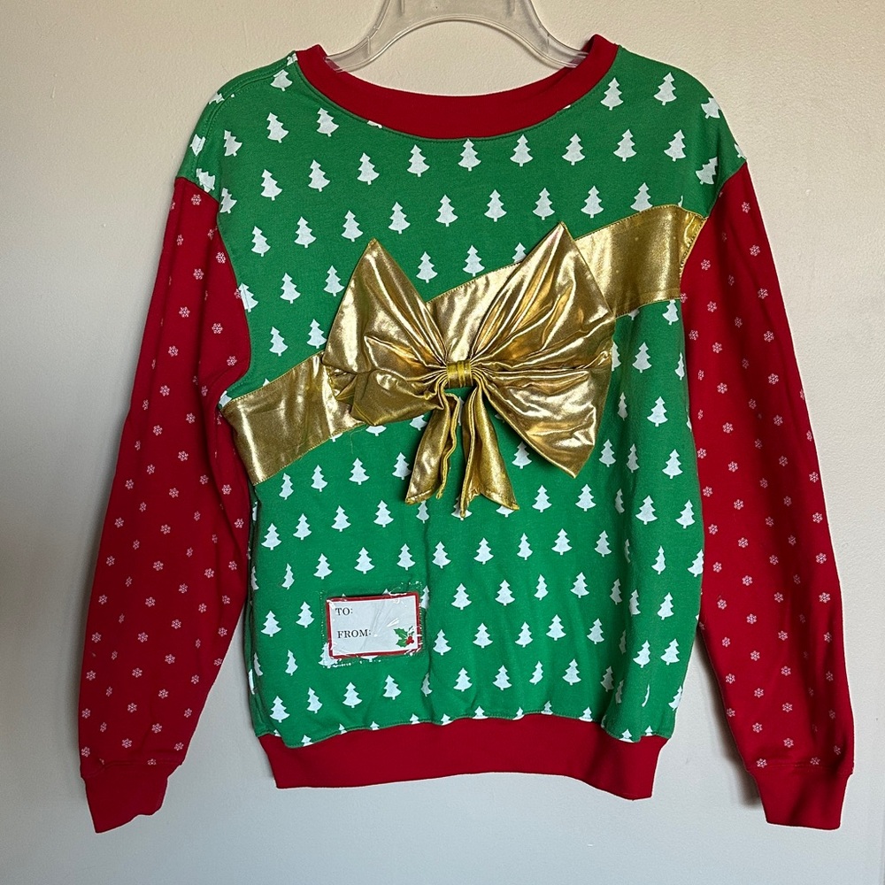 Ugly Christmas Sweater Party attire with Gold Bow Party Sweatshirt